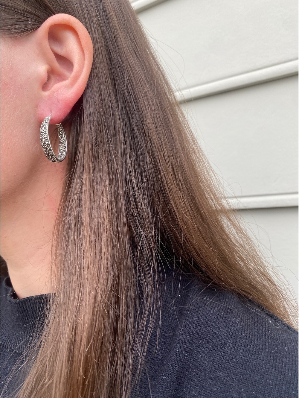 Vintage Sterling Silver Marcasite Elongated Oval Hoop Earrings